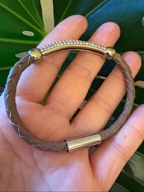 Taupe Braided Leather Bracelet with Crystal Accent #230